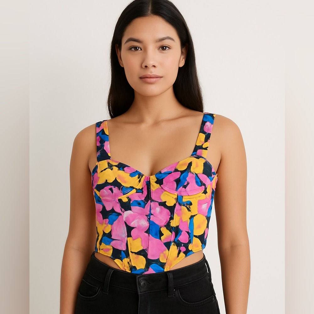 #12 H&M bustier-style crop top in pink, orange, blue and black floral